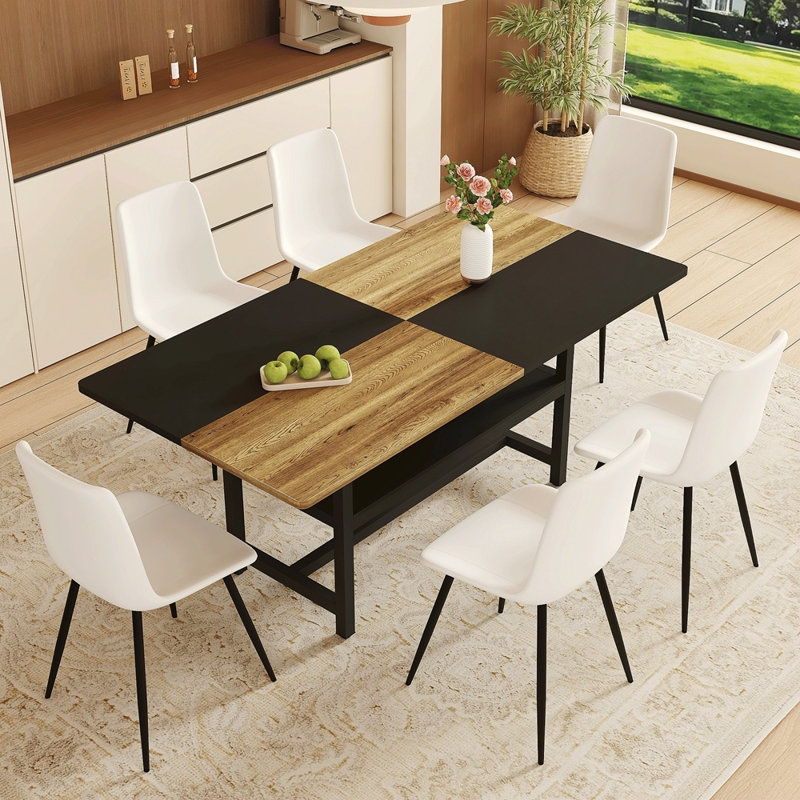 Table And Chair Set. Wooden And Black Spliced Dining Table With Storage Function In The Middle Of The Table Legs.Paired With Artificial PU Chairs With Curved Widened Cushion Design