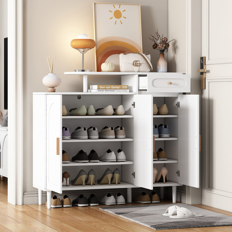 Armoire à chaussures élégante avec portes arquées et tiroir, Blanc