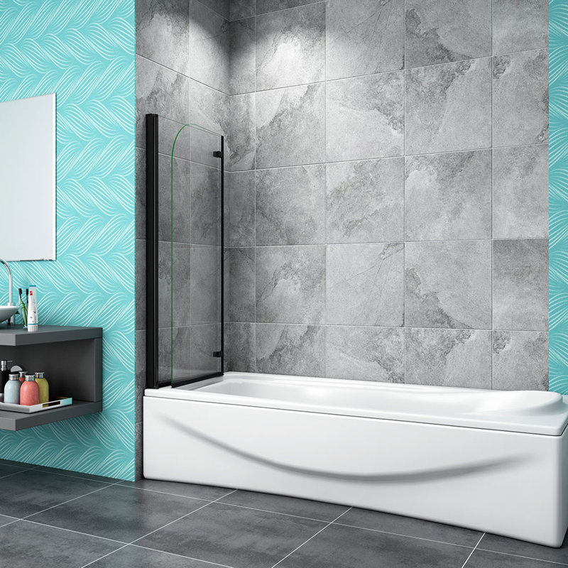 180 Hinge 2 Fold Bath Shower Screen Door Panel 1400mm Height, Matte Black, 1200cm W
