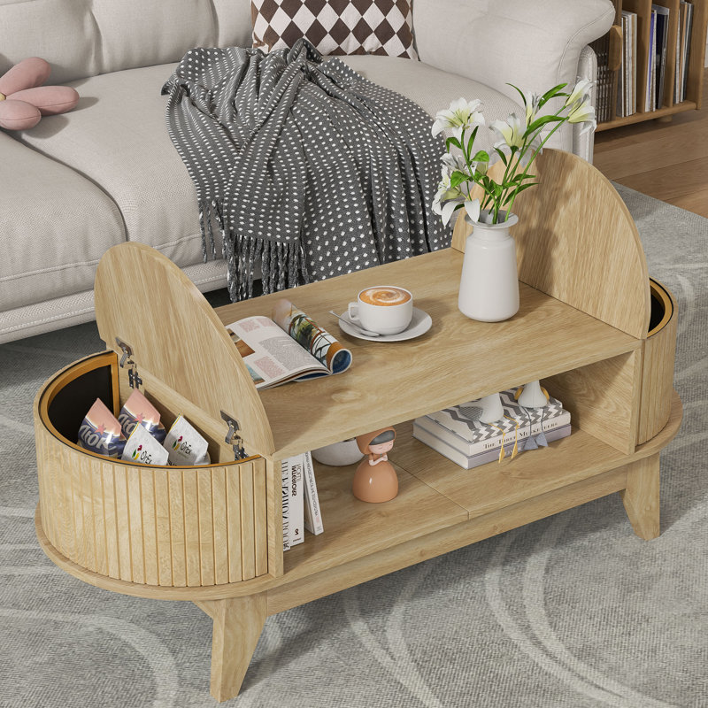 Mid-Century Modern Oval Wood Coffee Table with Storage