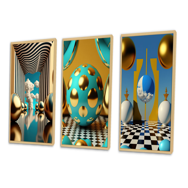 «Golden Spheres Infinity», 3 pièces sur toile, H 40 po x l 60 po, Naturel