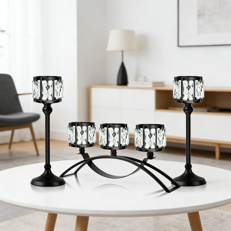 Black 3-Piece Crystal Candle Holder Set With Arched Candelabra And Candlesticks - Modern Tabletop Centerpiece For Wedding, Dining Room, And Home Decor