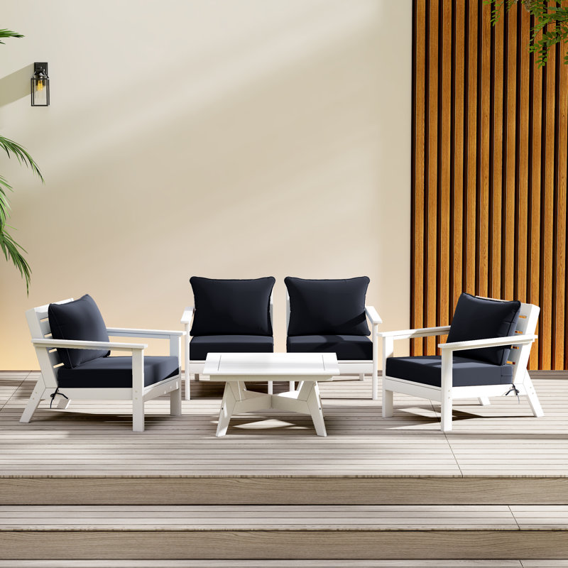 5-Piece Deep Seating Set, White, Navy Blue