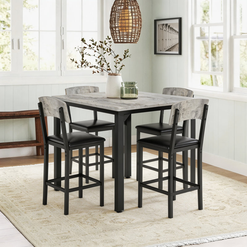 Ensemble de table de salle à manger 5 pièces pour 4 personnes, table à hauteur de comptoir avec 4 tabourets de bar rembourrés, ensemble de 4 tables et chaises de cuisine modernes avec repose-pieds et dossier, ensemble de salle à manger compact pour pub, salle à manger, restaurant