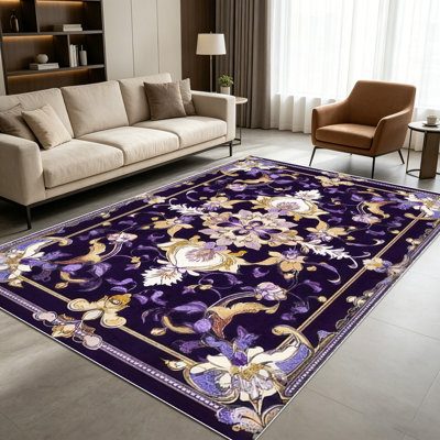 1PC Vintage Persian Floral Purple Gold Bohemian area rugs for Living Room, Soft, All seasons, Easy-maintain, Washable Indoor mat, Farmhouse suitable for dining table, bedroom, entryway, kitchen, patio, hallway, Home Decor, Outdoor Decor.