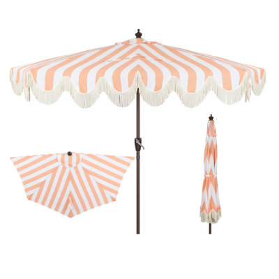 Beverly 9 ft. Coastal Space-Saving Half Patio Umbrella with Scalloped Fringe, Crank & Tilt, Coral Pink/White Striped Canopy, Dark Brown Pole