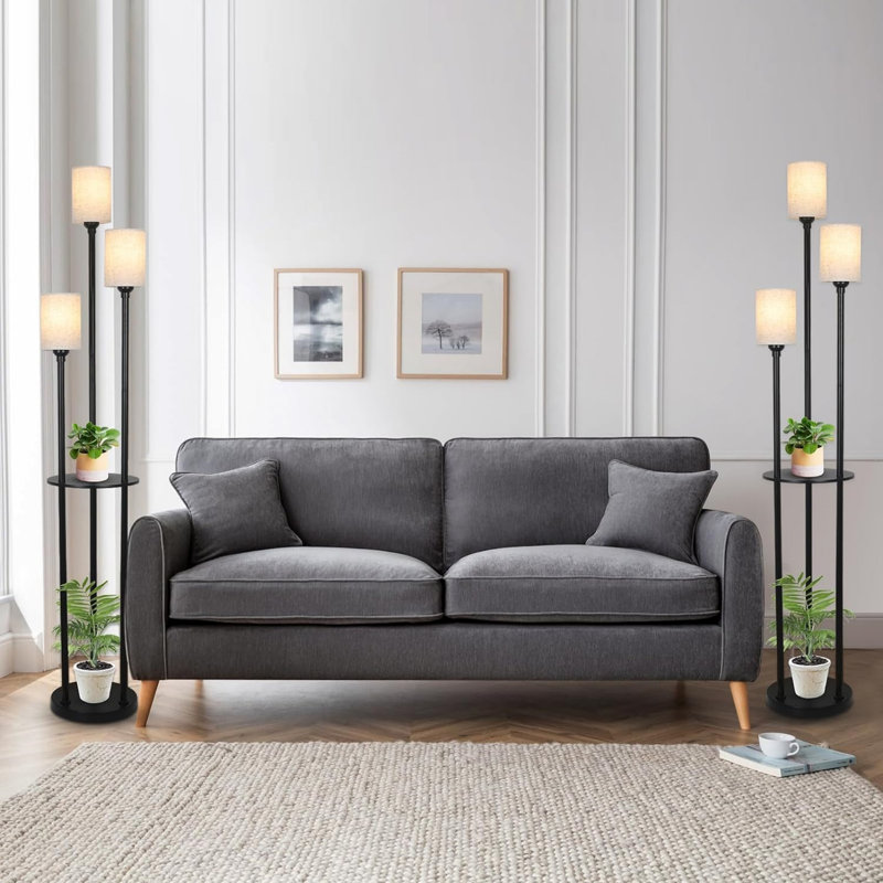 H66.3" Modern 3-lights Standing Floor Lamp With Linen Shade & Shelf