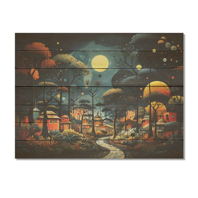«Yellow African Pygmy Village Chronicles II» - Tribal africain sur bois, H 10 po x l 20 po