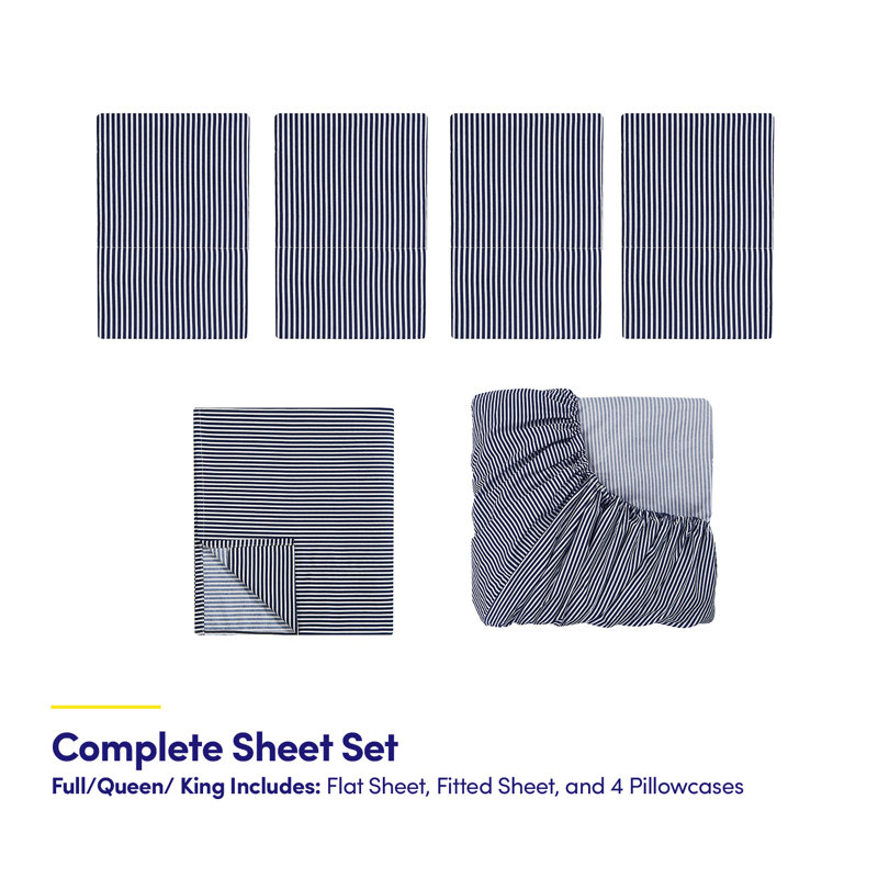 Ensemble de draps Loft, série Deluxe Soft 1500, double brossage en microfibre, Rayures classiques bleu marine