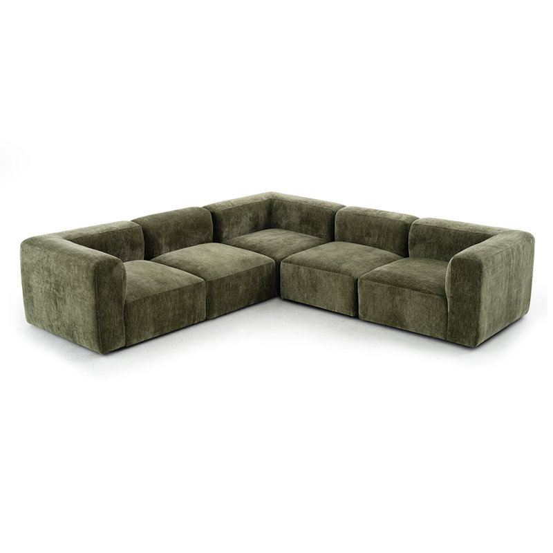 Confesor Chenille Modern L-Shaped Sectional Sofa, Green Chenille