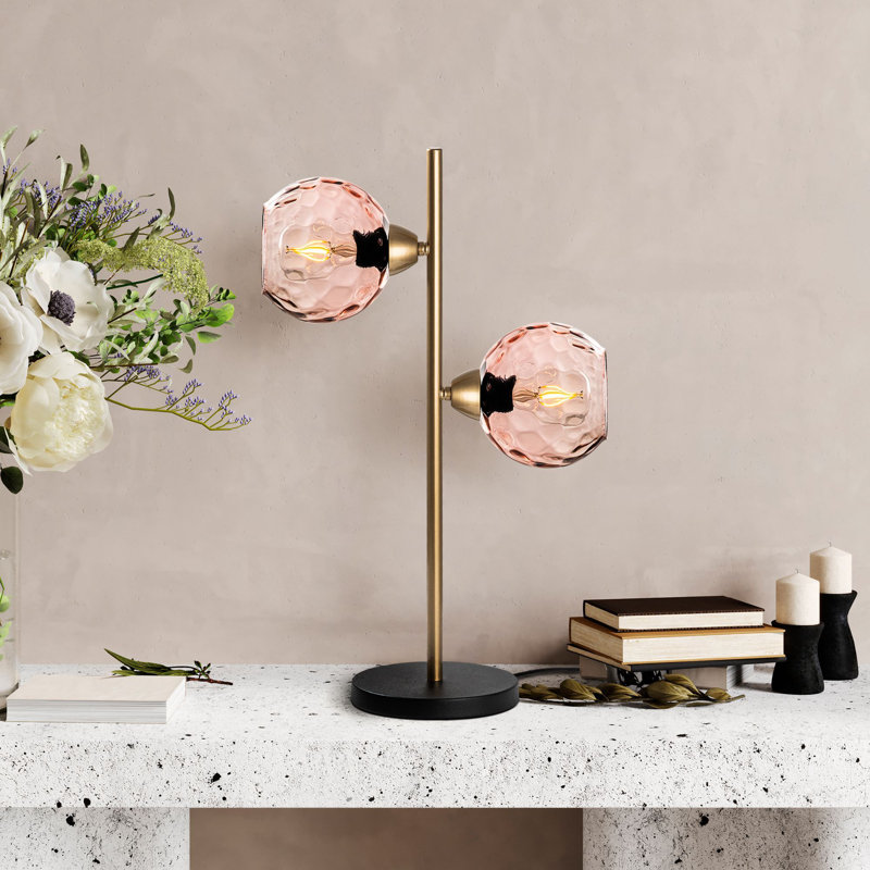 Lampe de table Elegant Glam, corps en métal doré avec capuchon en verre, 14,2 po x 7,1 po x 22,8 po | Plaque de base de 7,1 po de diamètre, type de douille: 2 x E27 de 40 W maximum | Éclairage élégant pour le salon, la chambre à coucher et la décoration intérieure