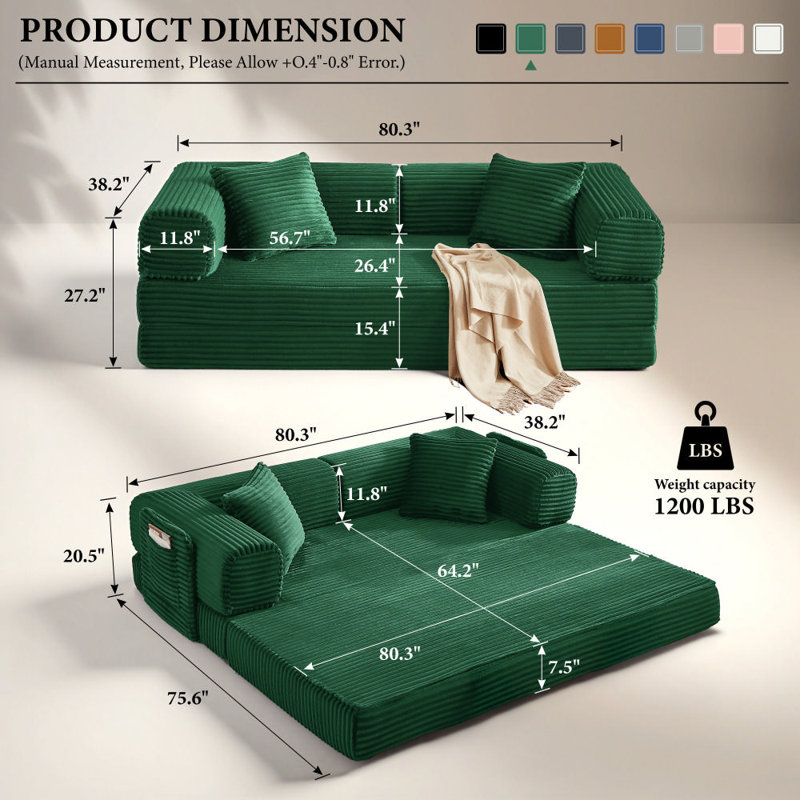 Boneless 81" Convertible Sleeper Sofa Bed with 2 Pillows，2 in 1 Pull Out Cloud Sofa Bed,Corduroy Folding Mattress Couch for Living Room Bedroom