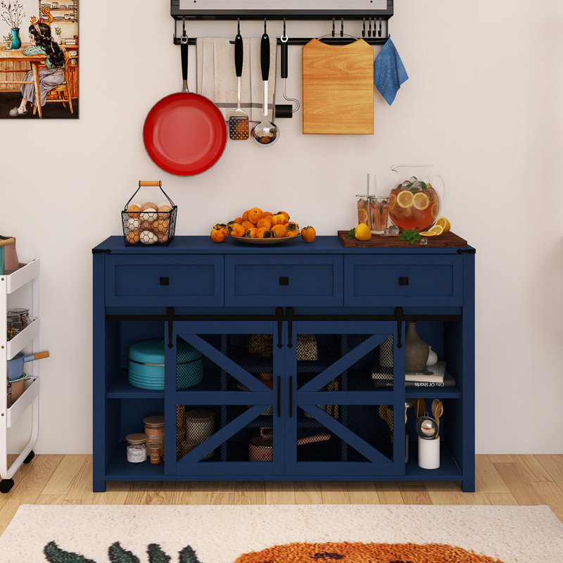 Buffet en bois 55,00 po avec tablettes réglables, treillis métallique et tiroirs, Navy Blue