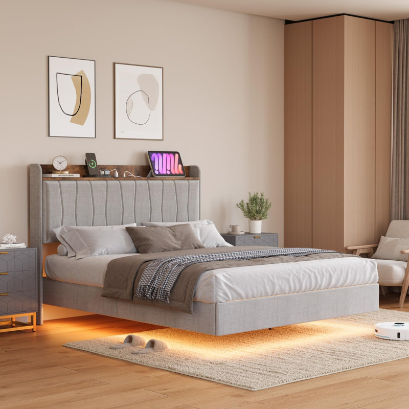 Full Floating Bed Frame with LED Lights & Charging Station, Upholstered Platform Bed with Storage Headboard, Solid Wood Slats Support, Noise-Free, No Box Spring Needed, Easy to Assemble