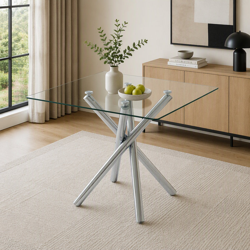 Table de bar moderne en métal galvanisé avec plateau en verre trempé, table de pub robuste à pieds croisés pour bar à la maison, îlot de cuisine, salon