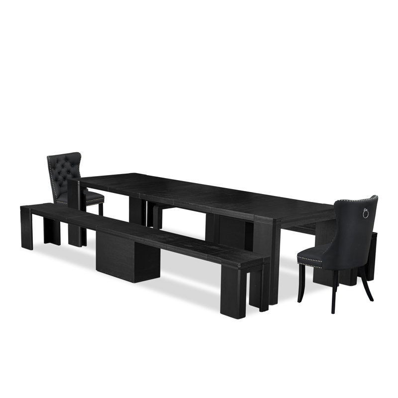 5-piece Dining Table Set, Rectangular Dining Table, and a wooden Bench, 2 Dark Grey Polyester fabric Dining Chairs, Wire Brushed Black Finish.
