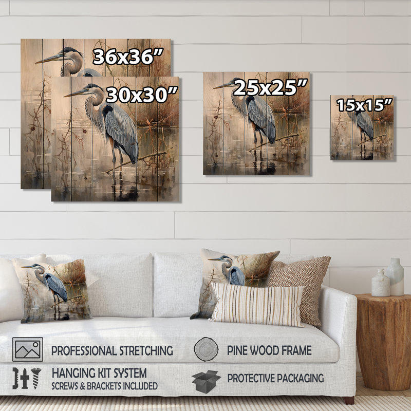Seanda Graceful Heron Waterbird IV sur impression sur bois, H 35 po x l 35 po x P 0,78 po