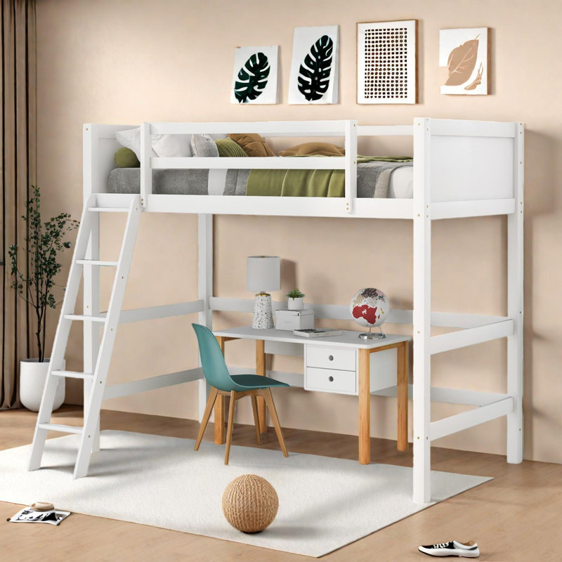 Lit mezzanine simple en bois massif avec échelle, Blanc