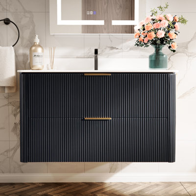 36 in. Wall-Mounted Bathroom Vanity in Black with Solid Wood Cabinet and One-Piece Acrylic Countertop