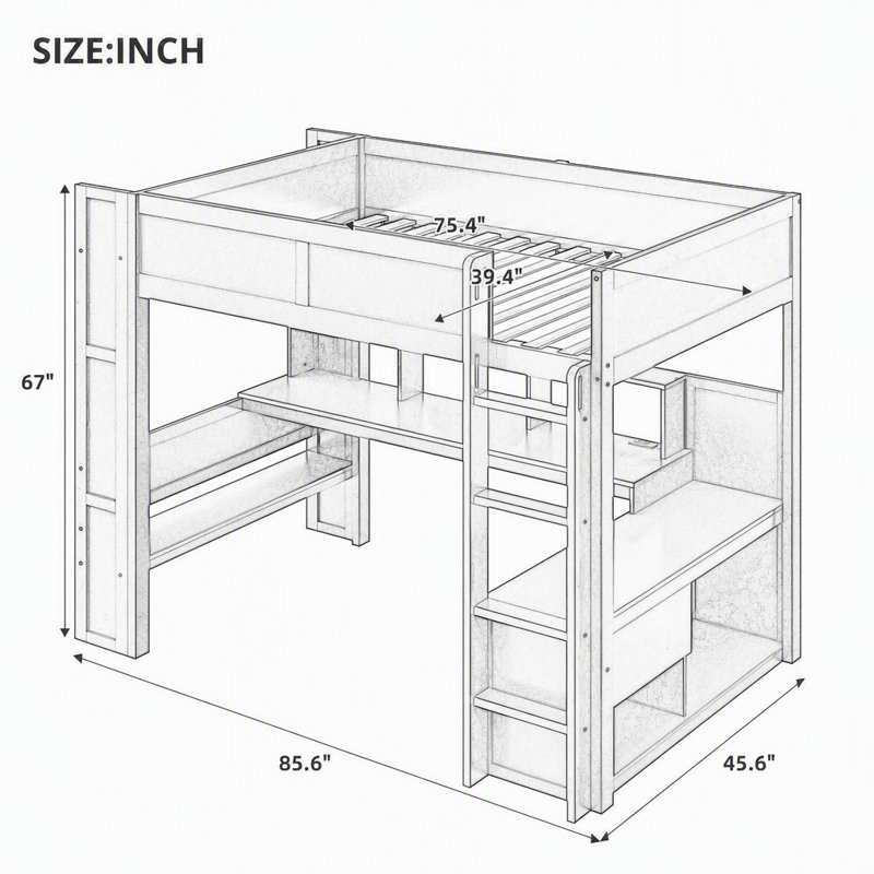 Lit mezzanine de jeu en bois (taille simple) avec bureau et étagères de rangement multiples