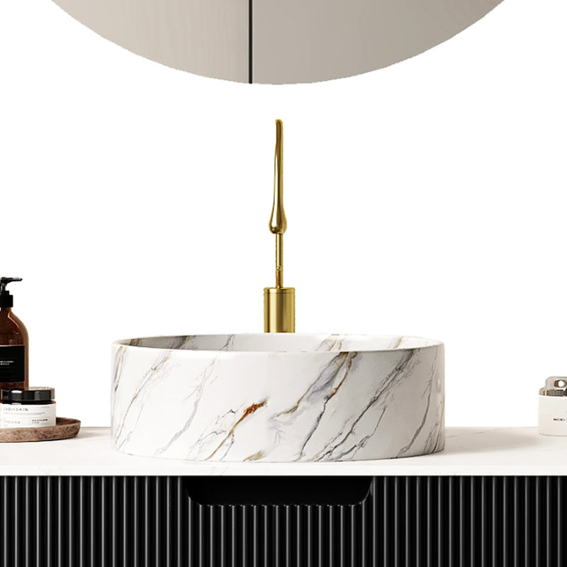 Lavabo de salle de bain en céramique 14,15 po à fond rond blanc brillant avec motif en pierre, une pièce, sans robinet inclus