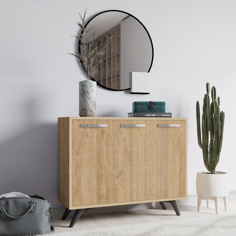 Modern Multi-Purpose Cabinet with 4 Drawers & Numerous Shelves, Oak Finish, 39.4 x 32.3 x 13.8 inches | 100% Melamine Coated Particle Board, Wall-Mountable, Scandinavian Design for Stylish Home Storage