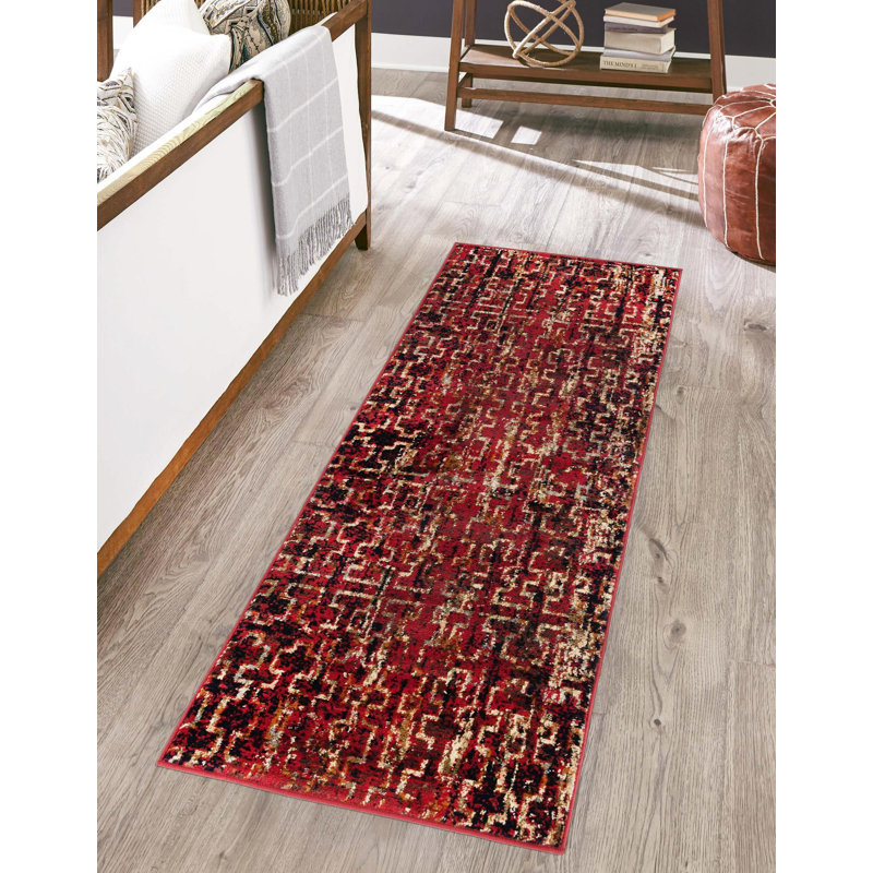 Tapis bordeaux à motif géométrique Knowle, Tapis de couloir 2 pi x 9 pi