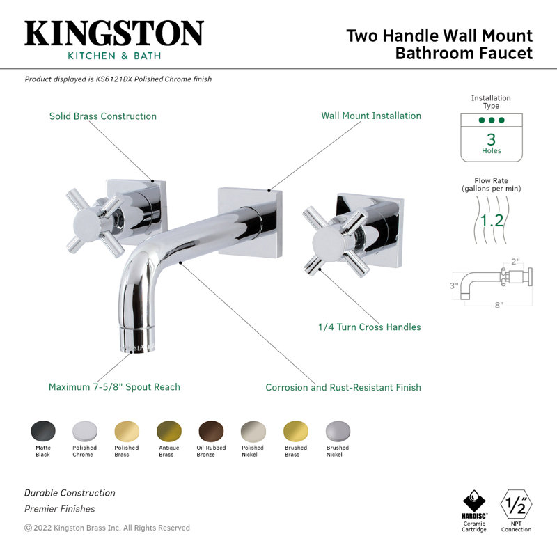 Kingston Brass Concord Two-Handle 3-Hole Wall Mount Bathroom Faucet, Matte Black, Cross