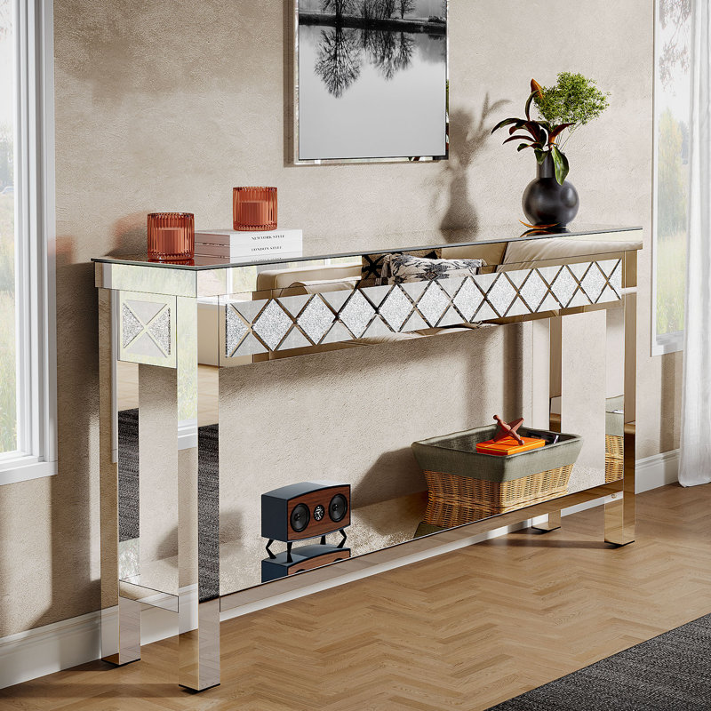 Mirrored Console Table with Shelf, 59" Modern Entryway Table Glass Sofa Table with Mirror Finish