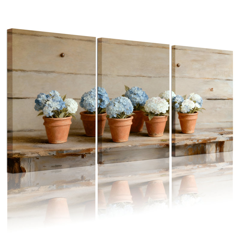 Fleurs d'hortensia en pots sur tablette en bois, ensemble de 3 impressions sur toile, H 24 po x l 48 po