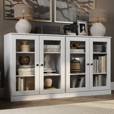 100% Solid Wood 64" Sideboard with Clear Glass Doors and Adjustable Shelves