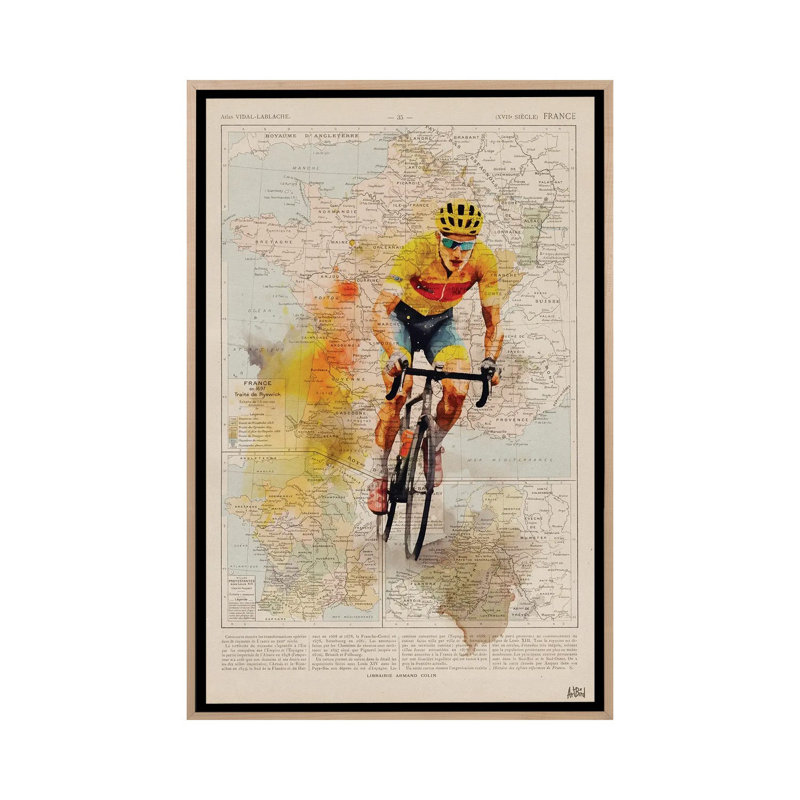 Tour de France, aquarelle, Toile avec cadre flottant en bois naturel, Pas de tapis, H 60 po x l 40 po x P 1,5 po