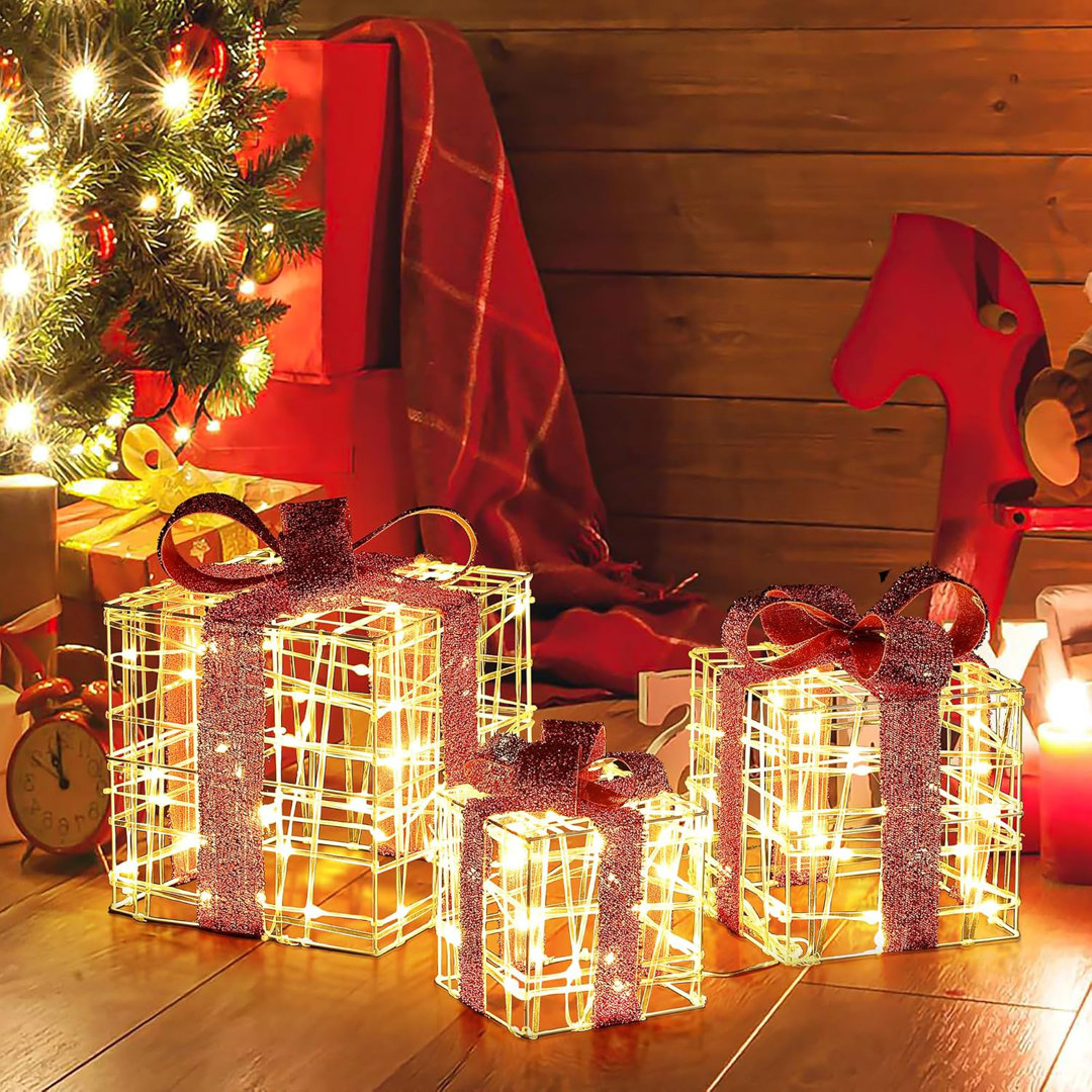 Gift Box Christmas Decoration with Red Ribbon 3 Piece Lighted Display Set The Holiday Aisle®