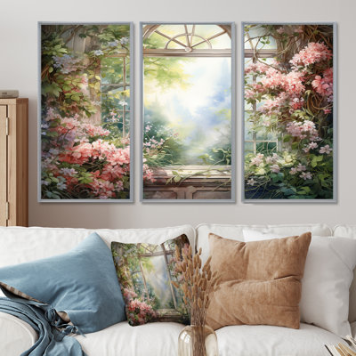 «Pink Blossoming Country Window Gaze II», art mural floral