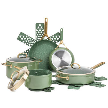 Beautiful 12pc Ceramic Non-Stick Cookware Set, Sage Green by Drew Barrymore