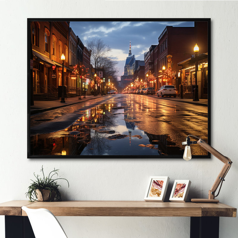 Nashville, ville de nuit, H 30 po x l 40 po x P 1,5 po, Cadre flottant noir