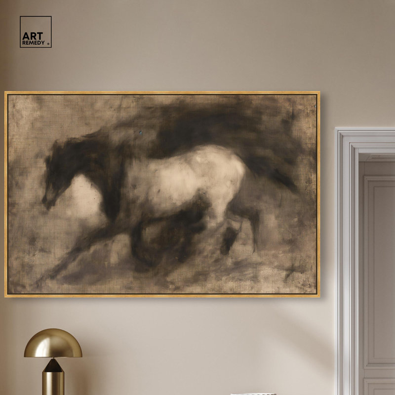 «Dark Horse», toile par Farm Art, H 37 po x l 55 po, Cadre flottant doré