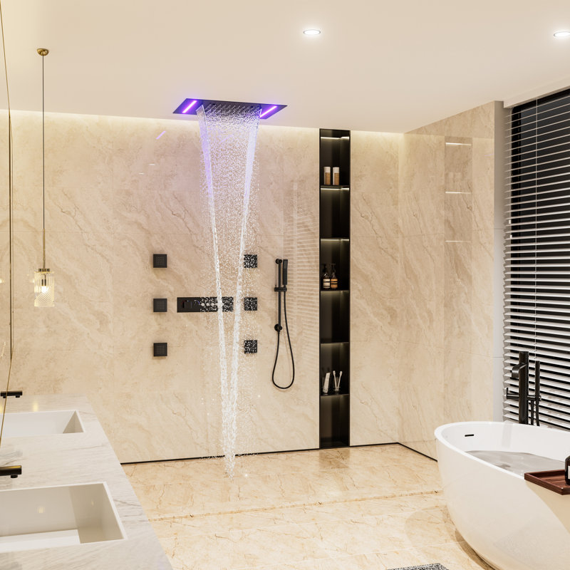 Thermostatic Flush Ceiling Mounted Complete Shower System With LED Lights, Body Jets And Slide Bar, Matte Black