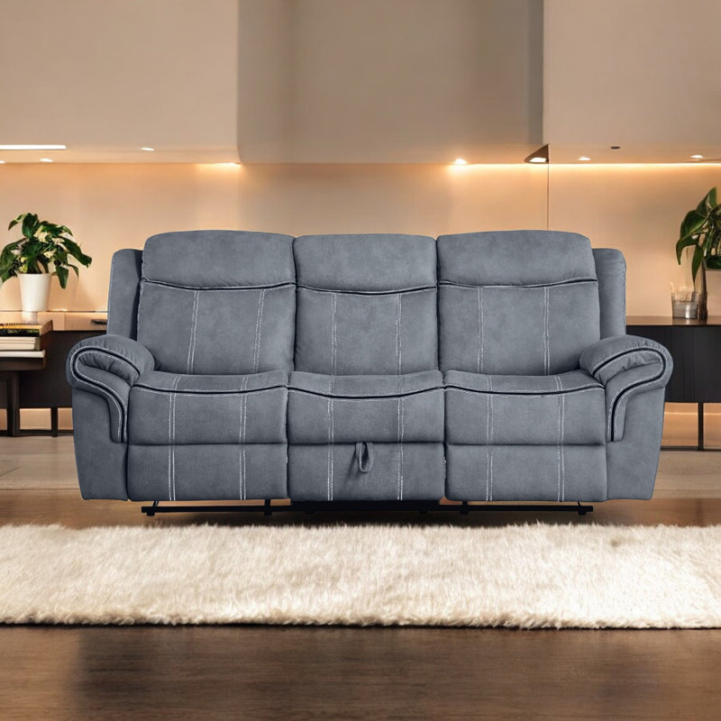 Zubaida Two Tone Grey Velvet Recliner Sofa w/USB Port & Drop Down Table