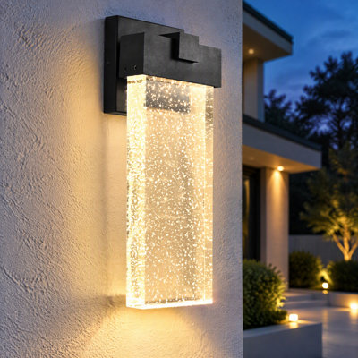 18" Modern Black Integrated LED 12W Outdoor Wall Sconce, Waterproof Bubble Crystal Porch Light