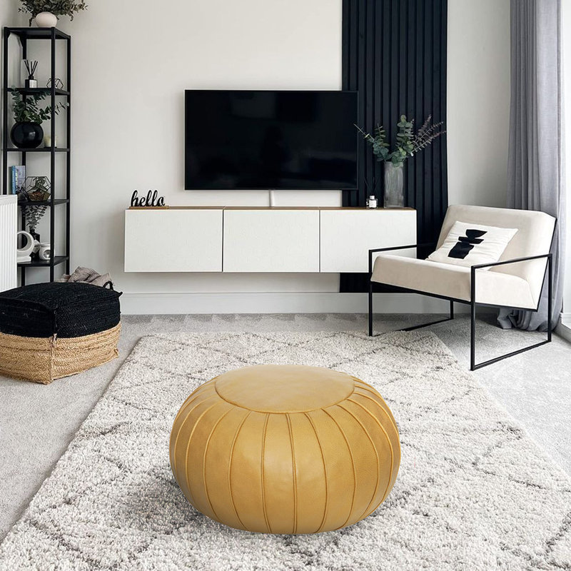 Cohill Upholstered Pouf, Yellow Faux Leather