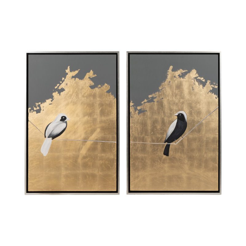 Set Of 2 63X47 Hand Painted Birds On Wire, Gold
