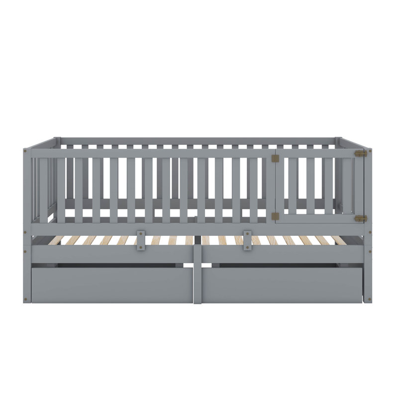 A Wooden Twin-Sized Daybed With Fence-Style Guardrails And Two Integrated Drawers, Twin, Grey