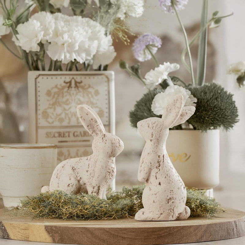 Ensemble de 2 décorations de lapin de Pâques, statues de lapin en résine beige, figurines de lapin printanier, centre de table de sculptures de lapin en travertin, cadeau de décoration d'intérieur de ferme rétro