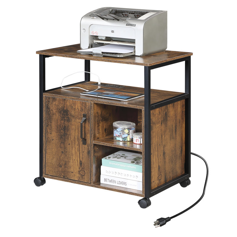 Classeur rustique brun avec station de charge, support pour imprimante avec rangement pour bureau personnel, classeur à cadre métallique pour documents de format A4 / lettre