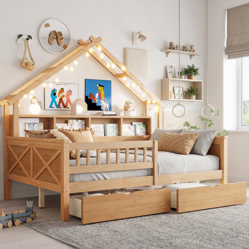 Lits plateforme en bois pleine grandeur avec DEL, tablettes de rangement, tiroirs et garde-corps, naturel, Naturel