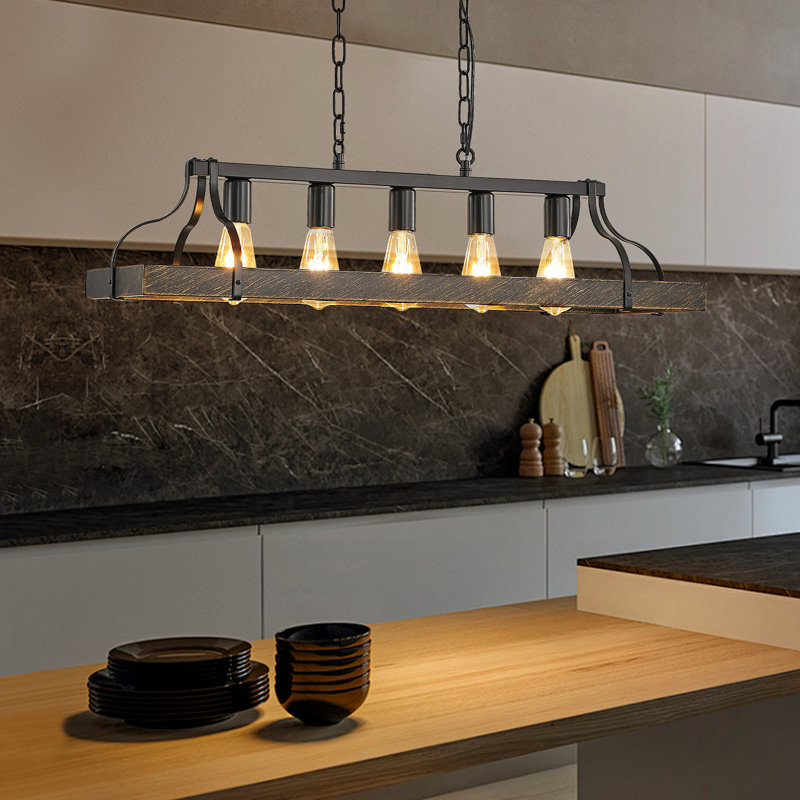 Luminaire suspendu vintage en or noir 34 pouces - 5 douilles E26, chaîne réglable pour le salon, la cuisine et la salle à manger