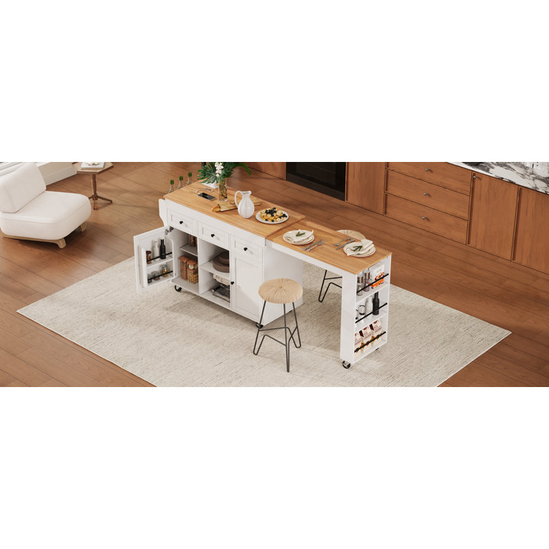 85.5" Kitchen Island With Extendable Dining Table, Kitchen Storage Table With 3 Side Open Shelves, Rolling Kitchen Island With Power Outlet, 3 Drawers, 2 Doors, For Kitchen, Dining Room, White
