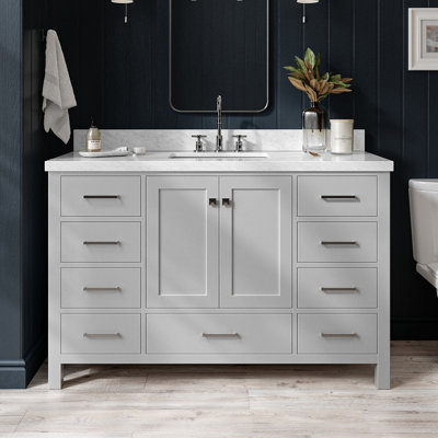 Cambridge 55'' Solid Wood Single Bathroom Vanity in Grey, with 1.5'' Carrara Marble Top, Center, Rectangle Sink