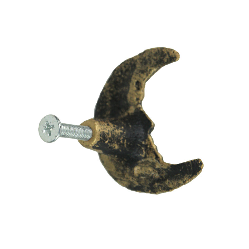 Set of 6 gold finish cast iron crescent moon face decorative cabinet knobs and drawer pulls — 1.5" L x 1" D x 2" H, Gold